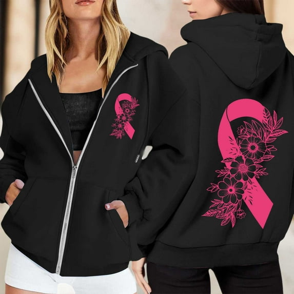 Jacket Women Women's Zip Up Hoodie Pullover Cancer Awareness Month Long Sleeve Pocket Drawstring Casual Hooded Sweatshirt Womens Winter Coat Black L