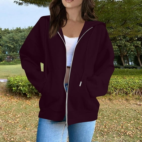 Fleece Jacket Women, Womens Lightweight Polyester Hoodie Zip Up 2025 Soft Lined Winter Tops Women Casual Streetwear Pullover for V-Neck Oversized Hooded Sweatshirt Autumn Red XL