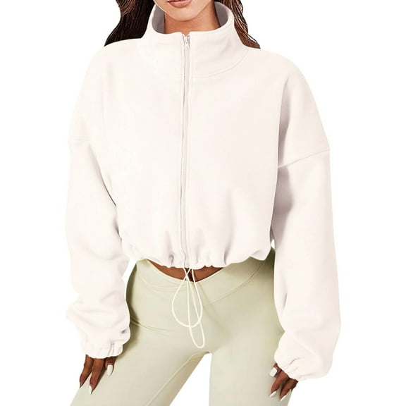 Fleece Jacket Women, Yigetop Women's Full Zip Fleece Short Jacket Warm Winter Long Sleeve Stand Collar Crop Coat Cropped Fleece Jacket Women B S