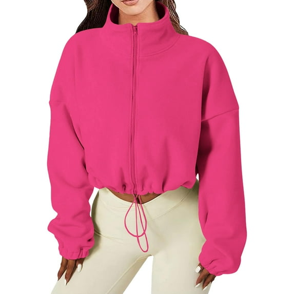 Fleece Jacket Women, Yigetop Women's Full Zip Fleece Short Jacket Warm Winter Long Sleeve Stand Collar Crop Coat Cropped Fleece Jacket Women G M
