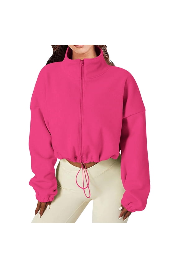 Fleece Jacket Women, Yigetop Women's Full Zip Fleece Short Jacket Warm Winter Long Sleeve Stand Collar Crop Coat Cropped Fleece Jacket Women G M