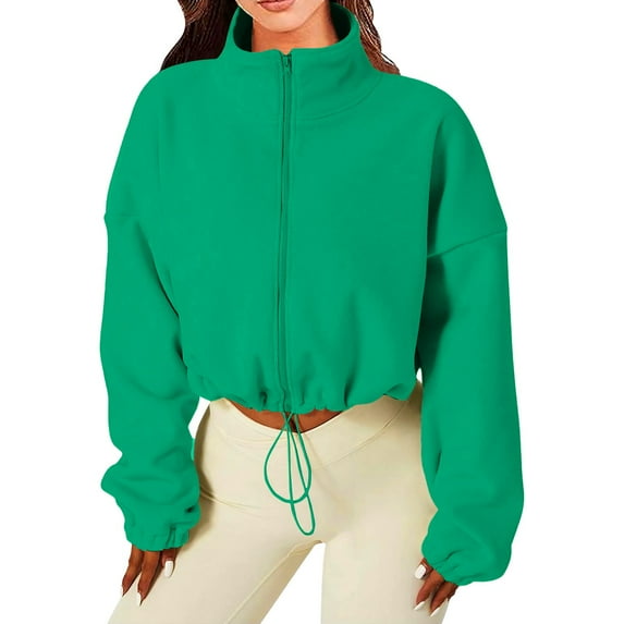 Fleece Jacket Women, Yigetop Women's Full Zip Fleece Short Jacket Warm Winter Long Sleeve Stand Collar Crop Coat Cropped Fleece Jacket Women Mint Green S