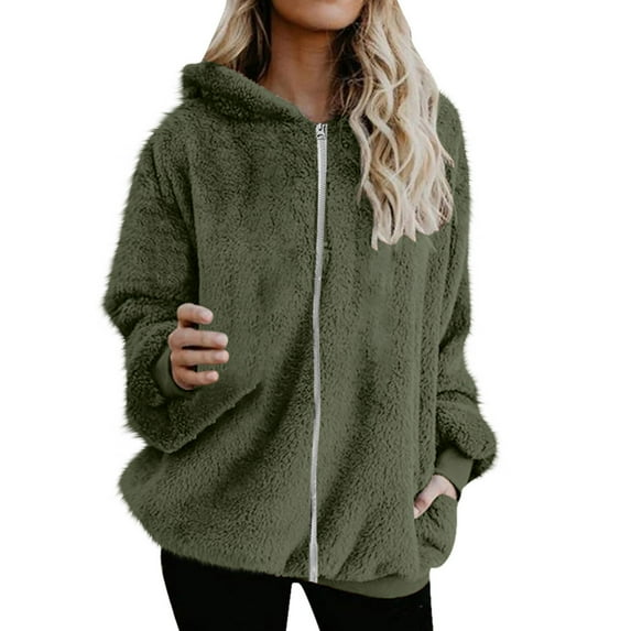 Fleece Jacket Women Zip up Hoodies Winter Long Sleeve Fuzzy Fleece Full Zip Hooded Sweatshirts with Pockets Lightweight Fall Jackets Sweater Coat Outerwear Army Green 3XL