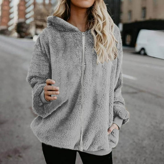 Fleece Jacket Women Zip up Hoodies Winter Long Sleeve Fuzzy Fleece Full Zip Hooded Sweatshirts with Pockets Lightweight Fall Jackets Sweater Coat Outerwear Gray 5XL