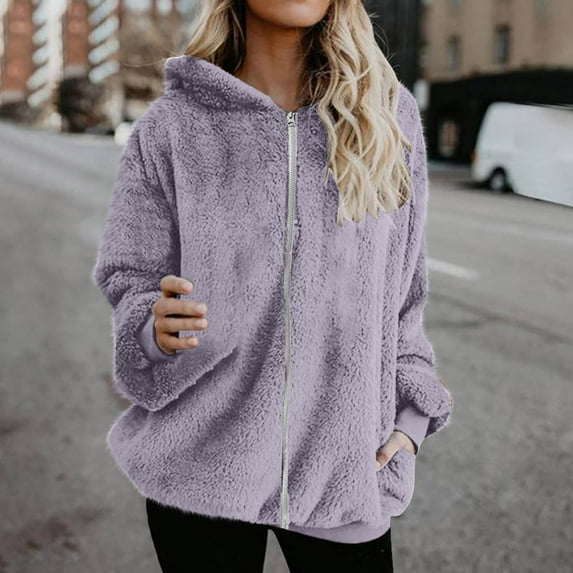 Fleece Jacket Women Zip up Hoodies Winter Long Sleeve Fuzzy Fleece Full Zip Hooded Sweatshirts with Pockets Lightweight Fall Jackets Sweater Coat Outerwear Purple 5XL