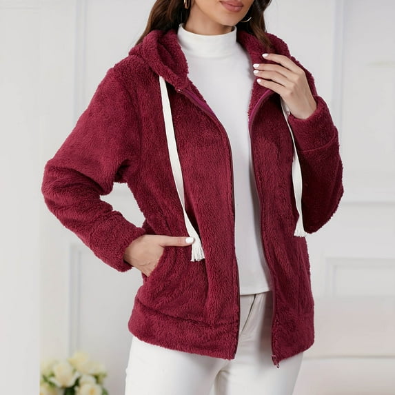 Fleece Jacket Women Zip Up Hoodie Long Sleeve Jackets for Women Casual Ladies Hoodies Warm Coat Outerwear Hooded Sweatshirt Red S