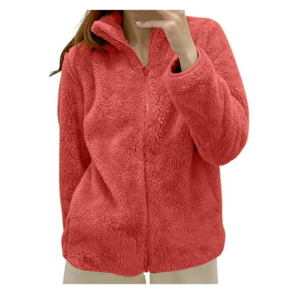 Fleece Jacket Women's Stand Up Collar Lined Teddy Jacket Warm Fleece Jackets Plain Cardigan Baggy Sweat Jacket With Zip Transition Jacket