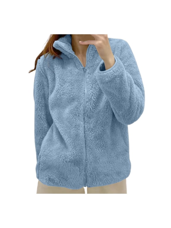 Fleece Jacket Women's Stand Up Collar Lined Teddy Jacket Warm Fleece Jackets Plain Cardigan Baggy Sweat Jacket With Zip Transition Jacket