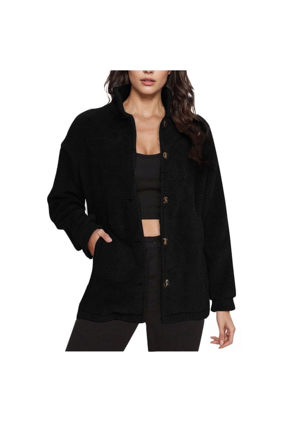 Fleece Jacket Womens Button Down High Collar Lightweight Casual Fuzzy Sherpa Coat Winter Outerwear with Pockets, Black|Solid 2XL