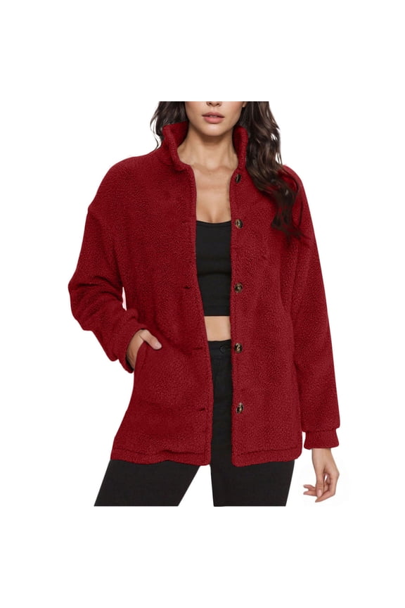 Fleece Jacket Womens Button Down High Collar Lightweight Casual Fuzzy Sherpa Coat Winter Outerwear with Pockets, Red|Solid L