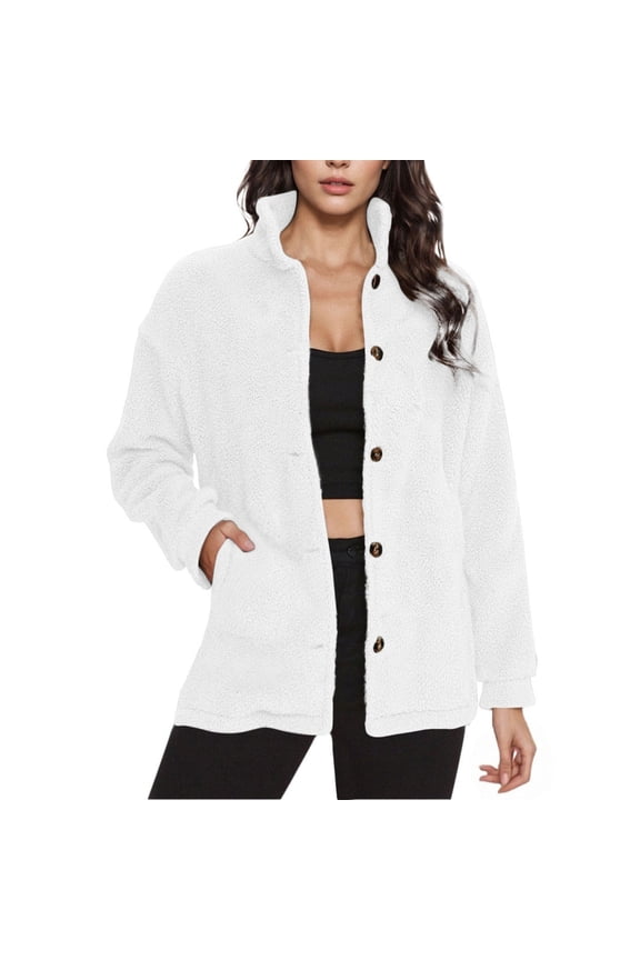 Fleece Jacket Womens Button Down High Collar Lightweight Casual Fuzzy Sherpa Coat Winter Outerwear with Pockets, White|Solid L