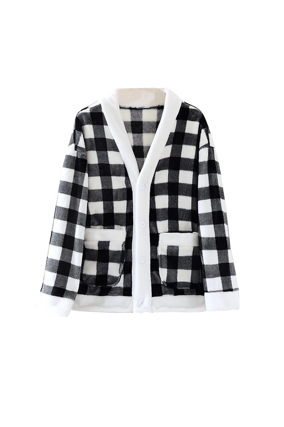 Fleece Jacket Womens Pajama Tops V-Neck Button Down Plaid Sleepwear Winter Loungewear Flannel Shacket Fuzzy Sweater Bed Coat Black M