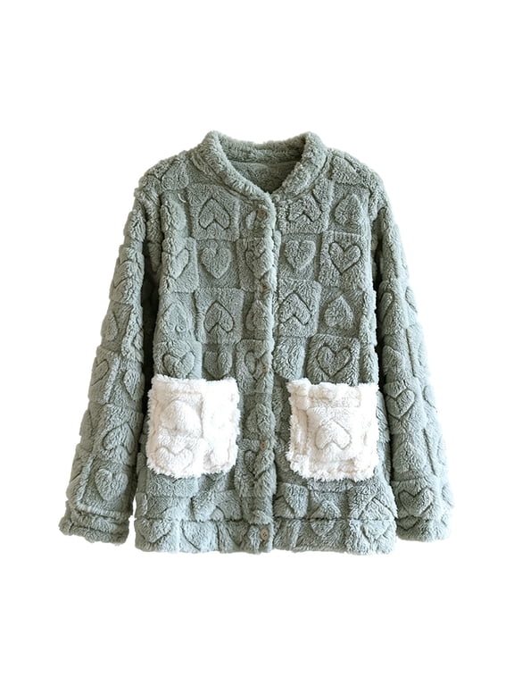 Fleece Jacket Womens Sherpa Button Lounge for Home Winter Loungewear Flannel Shacket Fuzzy Sweaters Bed Coat Green L