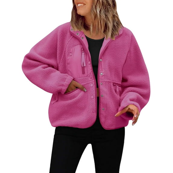 Fleece Jacket, Yigetop Women Autumn and Winter Casual Solid Color Lapel Buttoned Long Sleeve Plush Patchwork Jacket Warm Winter Winter Jackets Sherpa Jacket Women Hot Pink XL