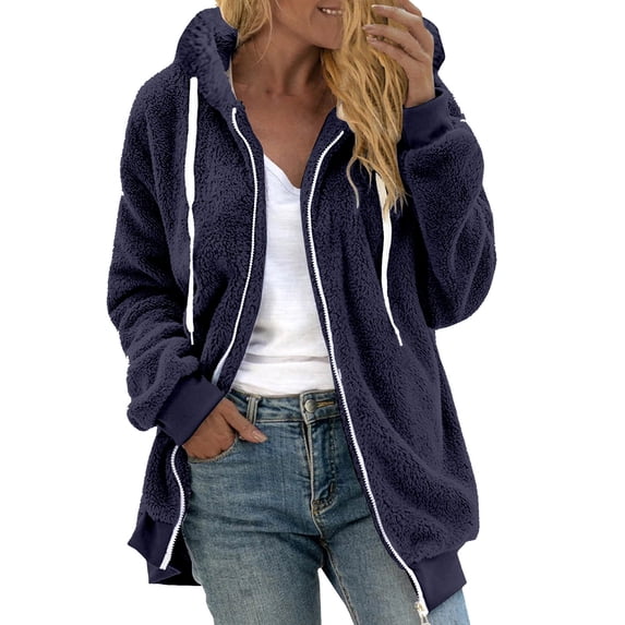Fleece Jacket Zip up Fuzzy Coat for Women with Hood Oversized Sherpa Lined Warm Winter Outerwear Long Sleeve Sweater Jackets