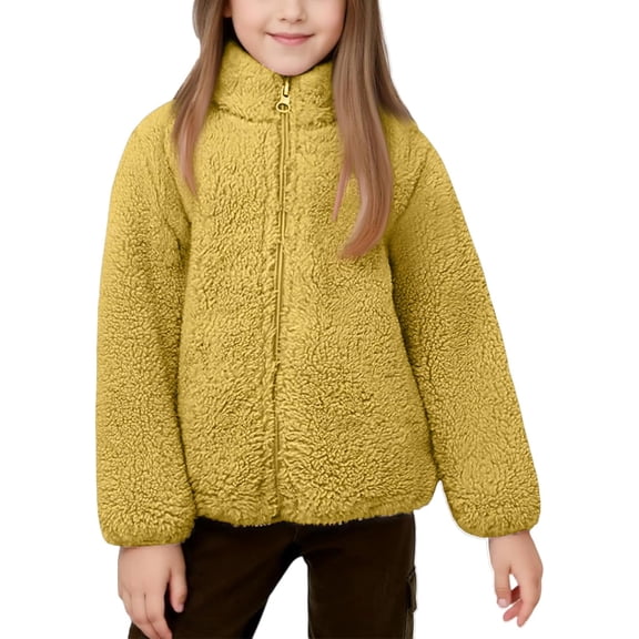 Fleece Jacket for Full Zip Sherpa Stand-Up Collar Fuzzy Coats Fall Winter Outerwear With Pockets,1-2Years/80 /S,Yellow