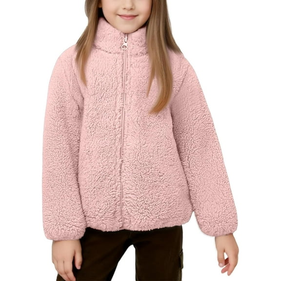 Fleece Jacket for Full Zip Sherpa Stand-Up Collar Fuzzy Coats Fall Winter Outerwear With Pockets,1-2Years/80 /S,pink