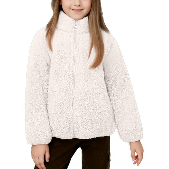 Fleece Jacket for Full Zip Sherpa Stand-Up Collar Fuzzy Coats Fall Winter Outerwear With Pockets,1-2Years/80 /S,white