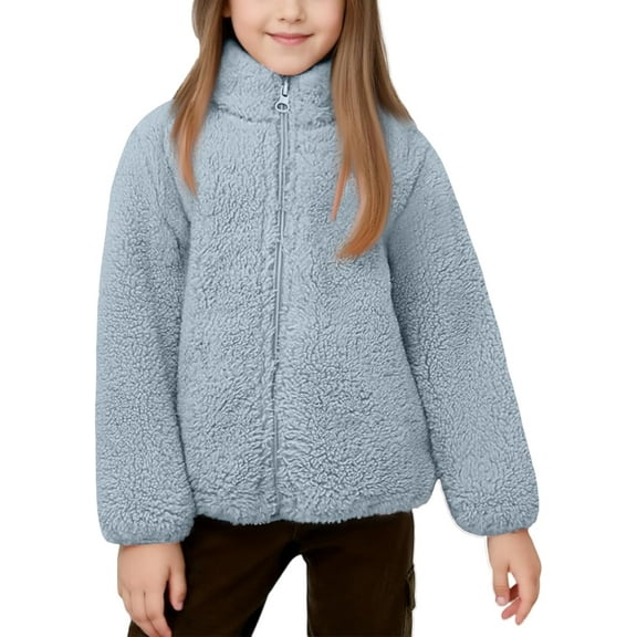 Fleece Jacket for Full Zip Sherpa Stand-Up Collar Fuzzy Coats Fall Winter Outerwear With Pockets,3-4Years/100 /L,Light Blue