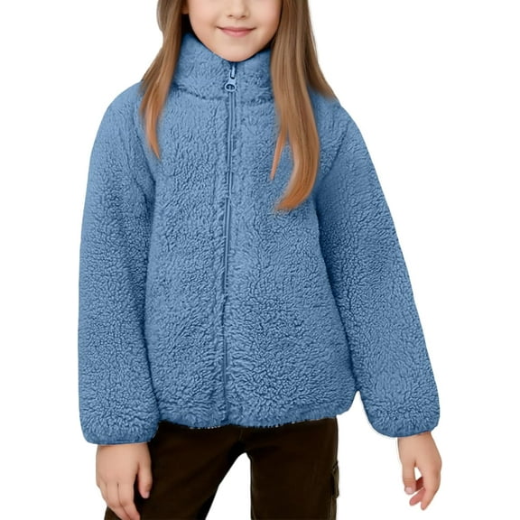 Fleece Jacket for Full Zip Sherpa Stand-Up Collar Fuzzy Coats Fall Winter Outerwear With Pockets,4-5Years/110 /XL,Blue