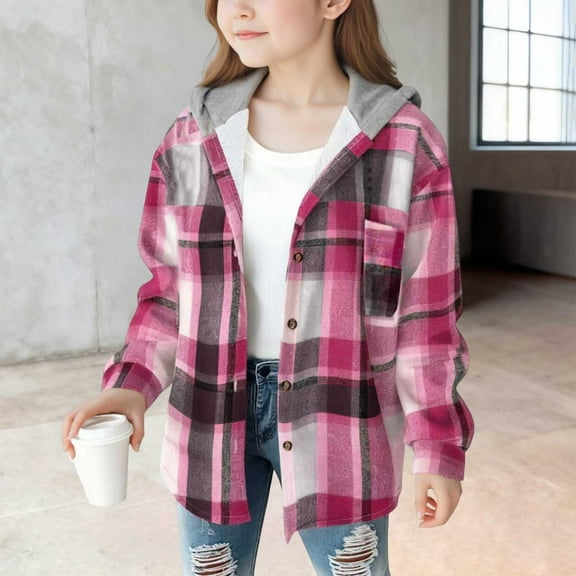 Fleece Jacket for Girls 10-12 Kids' (4-15Y) Sherpa-Lined Plaid Jacket Boys Girls Long Sleeve Button Down Hooded Jacket Warm Fashion Winter Coat