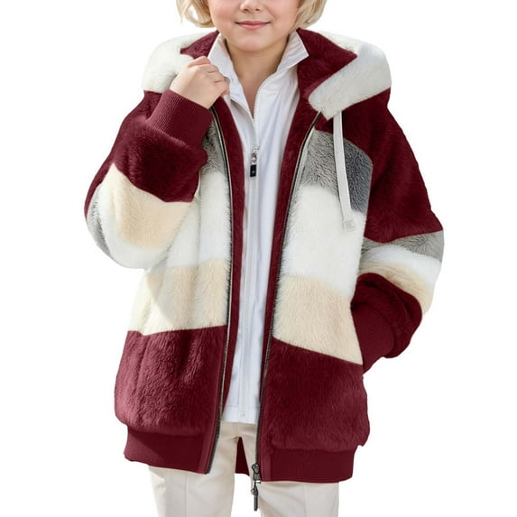 Jacket for Kids Color Block Zipper Long Sleeve Thick Warm Outerwear Cute Hooded 9-10 Years Boys Winter Clothes