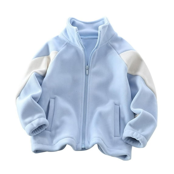 Fleece Jacket for Kids Round Neck Long Sleeve Zip up Solid Color Winter Warm Casual Outwear Blue 9 Years
