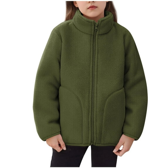 Fleece Jacket for Kids with Pocket Long Sleeve Zip up Solid Color Fashion Casual Outwear Green 3 Years