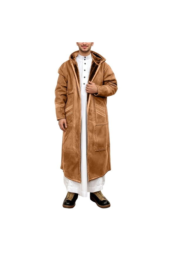 Jacket for Mens Winter Thick Warm Hooded Robe with Pockets Suede Nap Long Jacket for Cold Weather Outdoor Activities A-Brown 3
