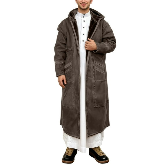 Fleece Jacket for Mens Winter Thick Warm Hooded Robe with Pockets Suede Nap Long Jacket for Cold Weather Outdoor Activities A-Coffee 1