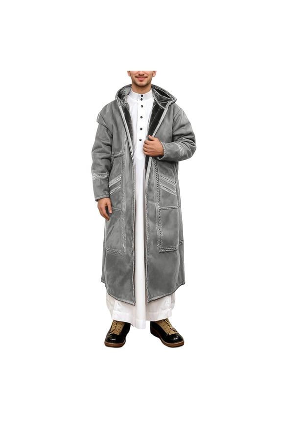 Fleece Jacket for Mens Winter Thick Warm Hooded Robe with Pockets Suede Nap Long Jacket for Cold Weather Outdoor Activities A-Grey 3