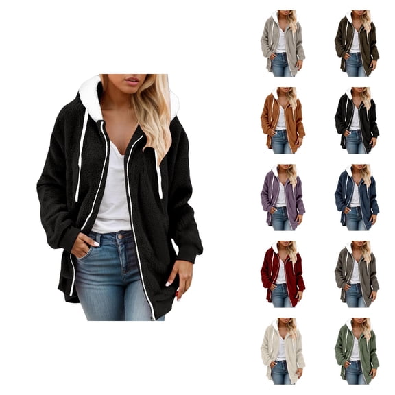 Fleece Jacket for Women 2025 Fall Winter Long Sleeve Casual Fuzzy Zip Up Hoodie Hooded Jackets Outerwear