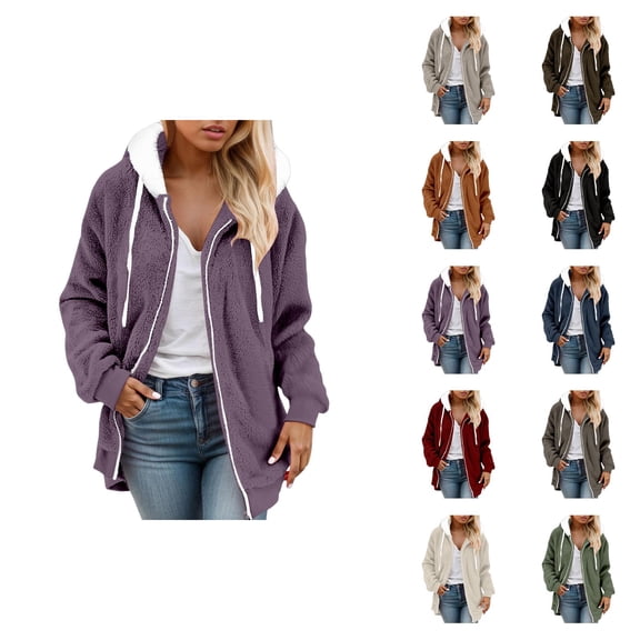Fleece Jacket for Women 2025 Fall Winter Long Sleeve Casual Fuzzy Zip Up Hoodie Hooded Jackets Outerwear