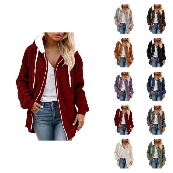 Fleece Jacket for Women 2025 Fall Winter Long Sleeve Casual Fuzzy Zip Up Hoodie Hooded Jackets Outerwear