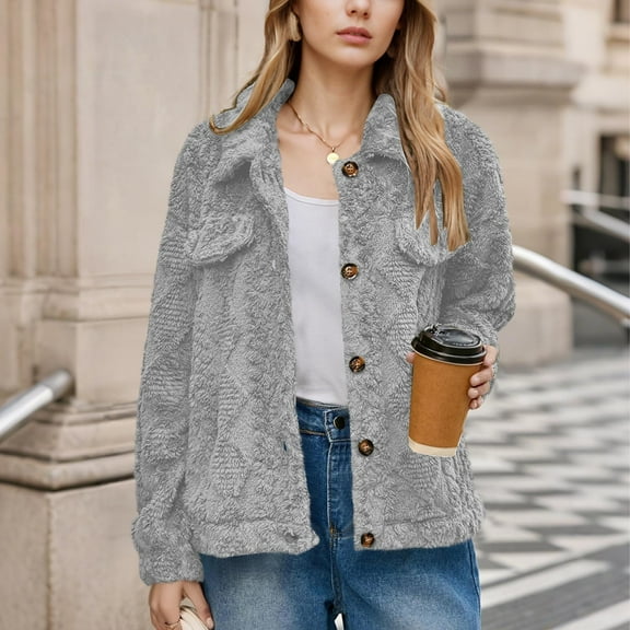 Fleece Jacket for Women Fashion Button Coat Casual Long Sleeve Lightweight Cardigan Winter Warm Cozy Outerwear New Women's Fashion Fall Jacket Gray L