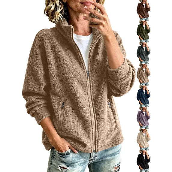 Fleece Jacket for Women Fashion Casual Cozy Solid Color Long-Sleeve Outerwear for Fall Winter Outdoor Lounge