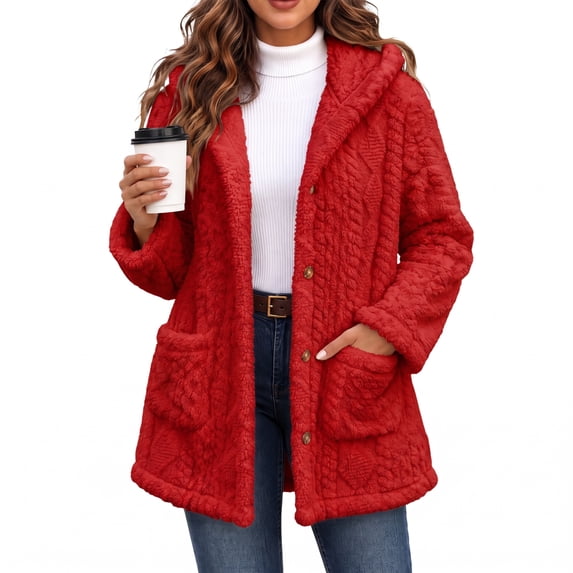 Fleece Jacket for Women Hooded Sherpa Jacket Button Down Cable Knit Long Sleeve Fall Winter Warm Coat with Pockets