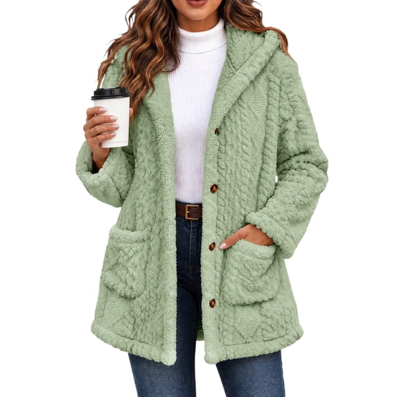 Fleece Jacket for Women Hooded Sherpa Jacket Button Down Cable Knit Long Sleeve Fall Winter Warm Coat with Pockets
