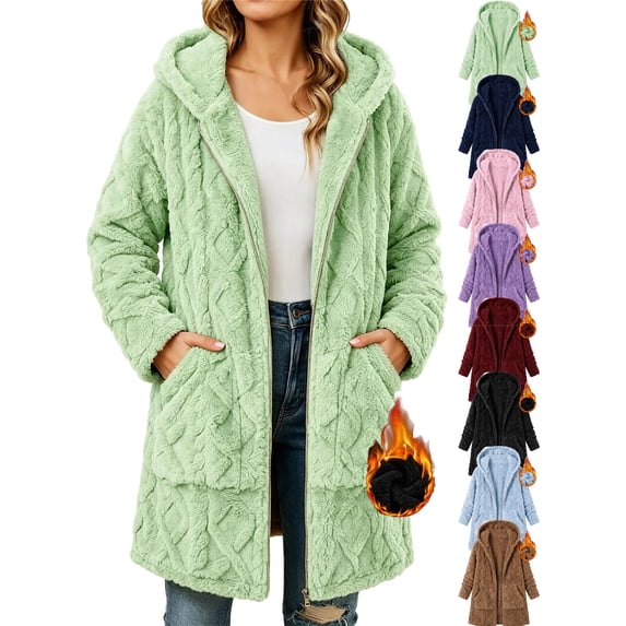 Fleece Jacket for Women Longline Fluffy Coat with Zipper and Pockets Warm hooded Coat for Winter Daily Use