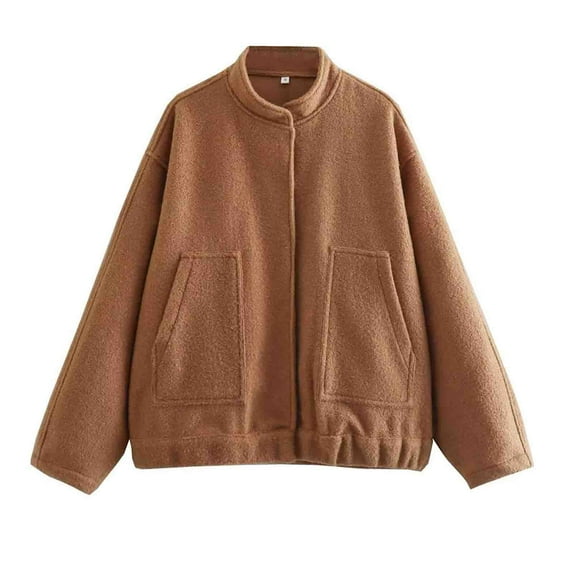 Fleece Jacket for Women Teens Snap Button Long Sleeve Stand Collar Open Front Soft Shaggy Sweater Cardigan Outwear (Large, Brown)