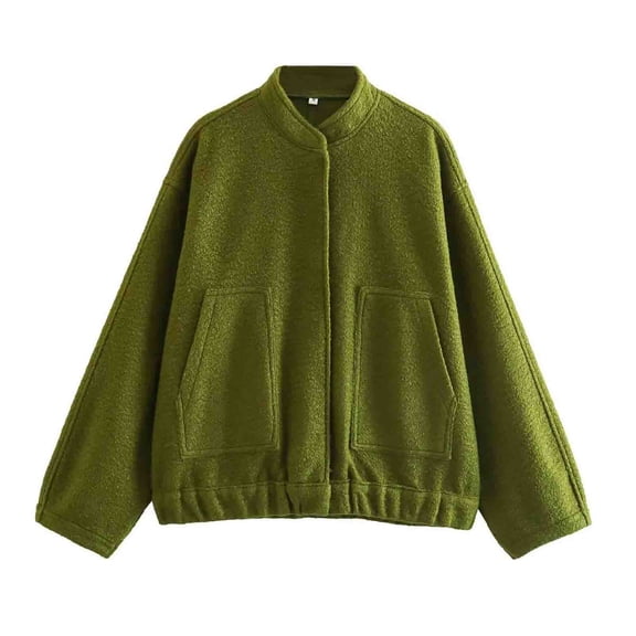 Fleece Jacket for Women Teens Snap Button Long Sleeve Stand Collar Open Front Soft Shaggy Sweater Cardigan Outwear (Small, Army Green)