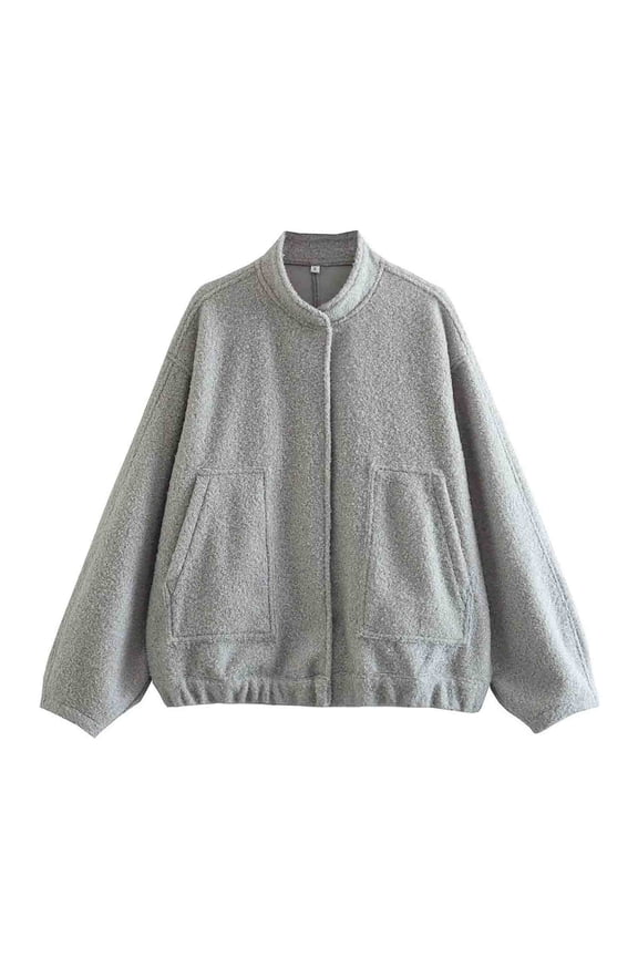 Fleece Jacket for Women Teens Snap Button Long Sleeve Stand Collar Open Front Soft Shaggy Sweater Cardigan Outwear (Small, Gray)