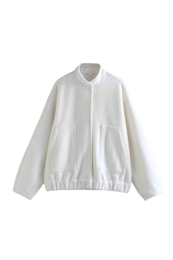 Fleece Jacket for Women Teens Snap Button Long Sleeve Stand Collar Open Front Soft Shaggy Sweater Cardigan Outwear (Small, White)