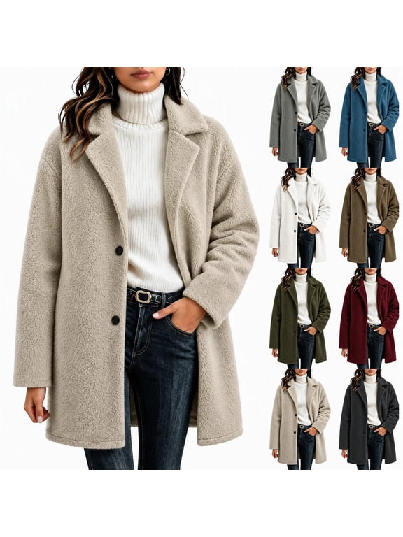 Fleece Jacket for Women Warm Notch Lapel Pea Coat Single Button Sherpa Jackets 2026 Fall Winter Casual Trench Coat Plus Size Long Sleeve Outerwear
