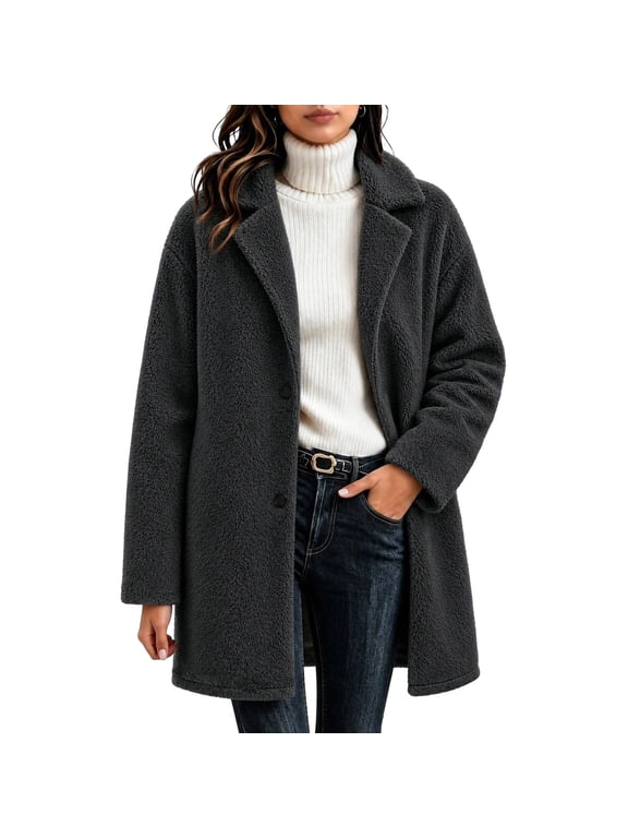 Fleece Jacket for Women Warm Notch Lapel Pea Coat Single Button Sherpa Jackets 2026 Fall Winter Casual Trench Coat Plus Size Long Sleeve Outerwear