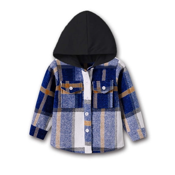 Fleece Jackets Baby Hooded Long Sleeved Brushed Plaid Shirt Jackets New Fall Jackets Winter Outerwear Dark Blue 12-18 Months