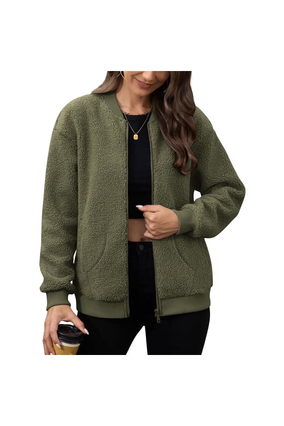 Fleece Jackets for Women Lightweight Long Sleeved Solid Color Warm Winter Jacket Top Soft Breathable Hiking Jacket Zip Up Crewneck Loose Coat Sweatshirt Jacket Cozy Coats with Pockets