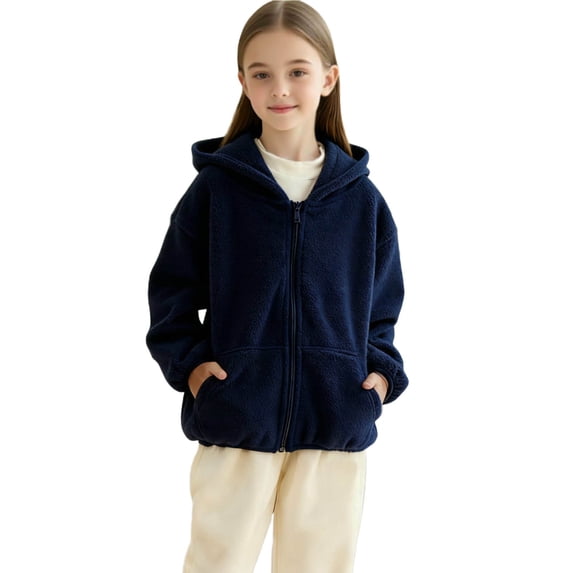 Fleece Jackets for Girls with Hood Long Sleeve Pockets Winter Coat Casual Warm Zip Up Hoodie Sweater Outerwear (14-15 Years, Blue)