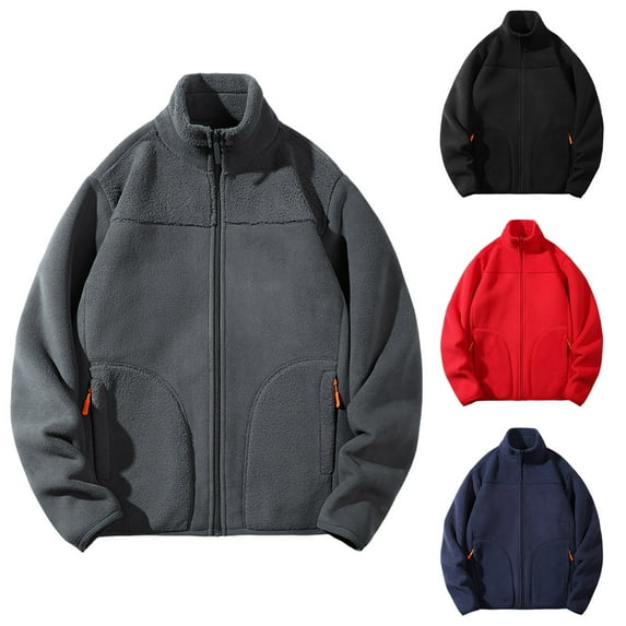 Fleece Jackets for Men Plus Size Mens Jackets Men's Solid Color Pocket Zipper Cardigan Long Sleeved Stand Up Collar Wool Jacket, M-4XL