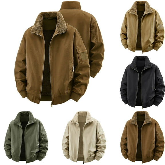 Fleece Jackets for Men Plus Size Mens Jackets Men's Winter Thick Solid Color Collar Jacket With Long Sleeves Pockets Zipper Jacket, M-5XL